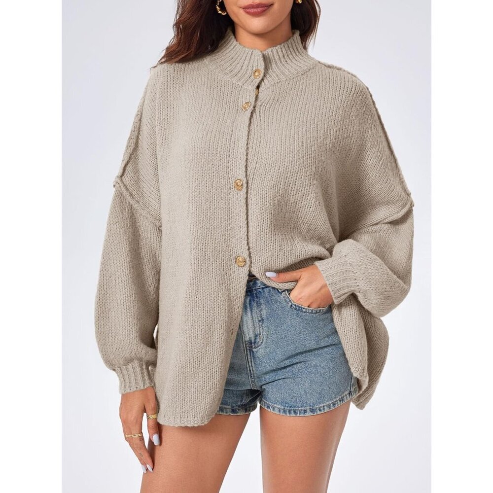 Women's Khaki Oversized Cardigans Button Down Chunky Fall Sweater Coats - Picture 3 of 5